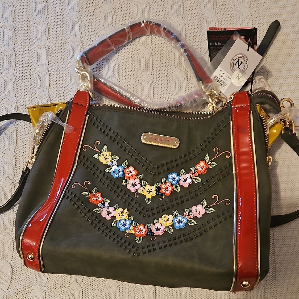 Nicole Lee Green Shoulder Bag with Red and Floral Accents